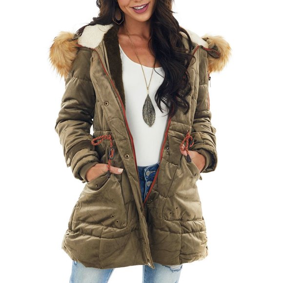 NEW Olive Green Velvet Faux Fur Hooded Soft Fur Lined Long Puffer Coat Jacket - Picture 2 of 10